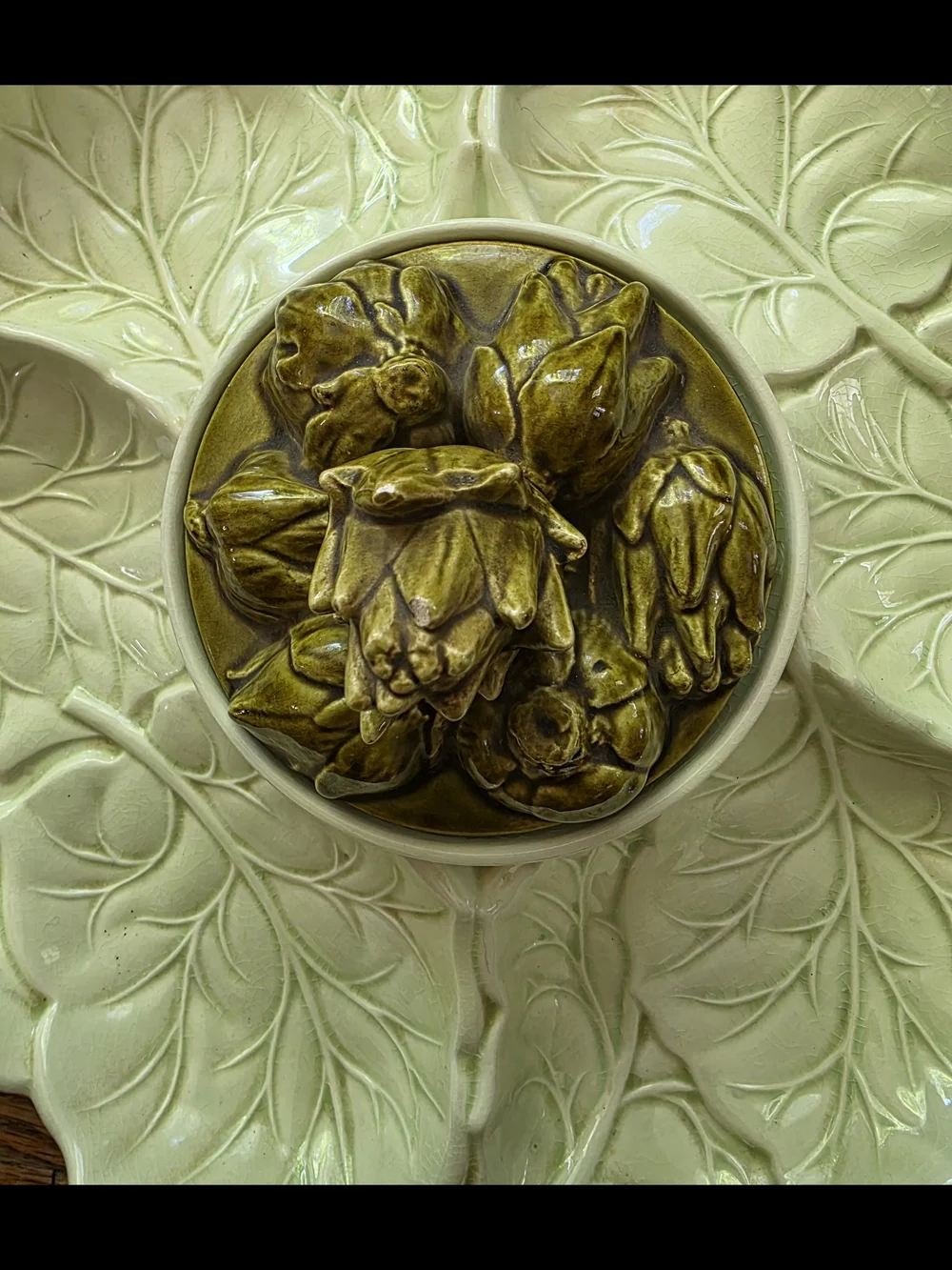 Rare Artichoke & Leaf Serving Platter Dip Tray California Pottery Vintage